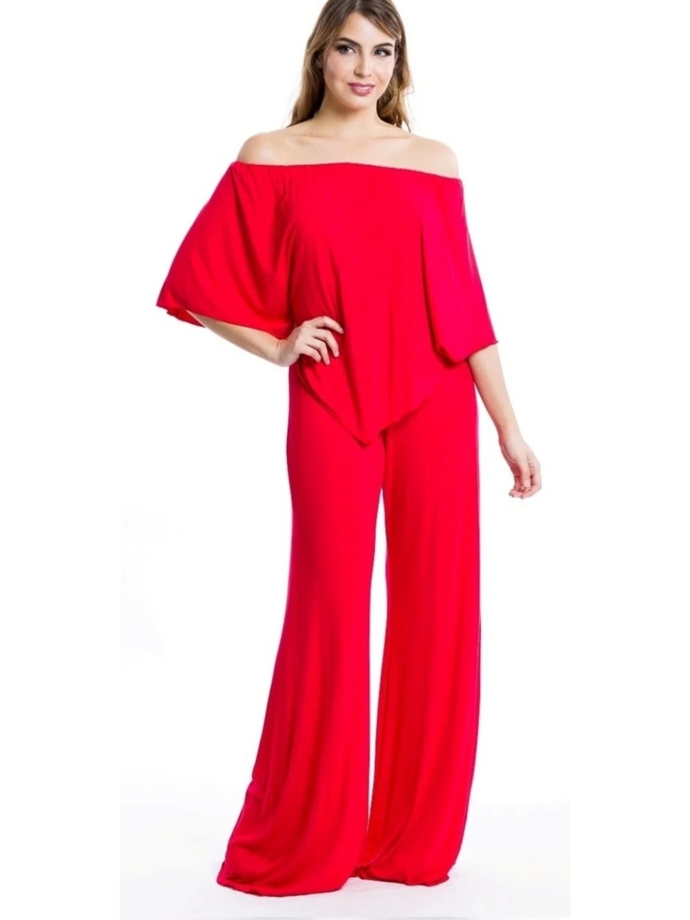 Boston Proper Off-Shoulder Wide-Leg Poncho Cape Jumpsuit in Red Boho Chic Casual